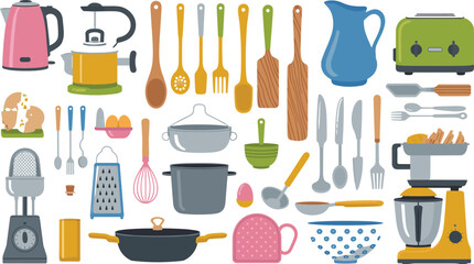 Kitchen utensils and cooking tools collection with cookware, appliances, pots, pans, blender, mixer, toaster, kettle, spatula, whisk, grater illustration