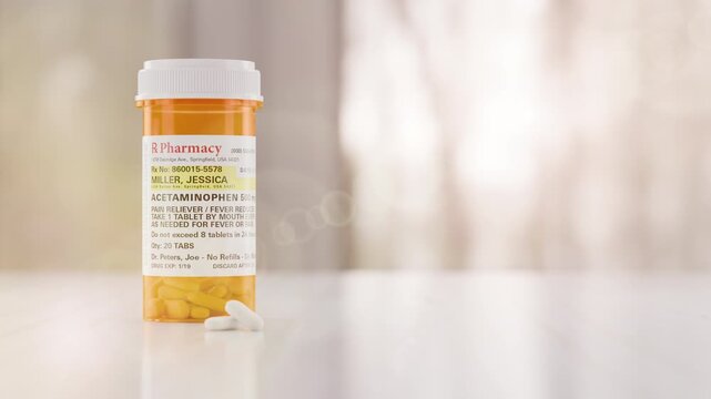 Slow Dolly Camera Movement Acetaminophen Prescription Medicine Bottle and Pills Resting on a Bathroom Countertop. The label is non-proprietary, fictional made specifically for the stock photo industry