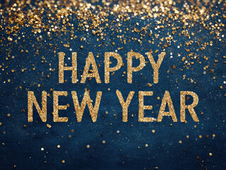 Image of Happy New Year 2026 inscription on a rich blue background, with golden confetti scattered The central message is visible from an elevated angle - AI-Generated