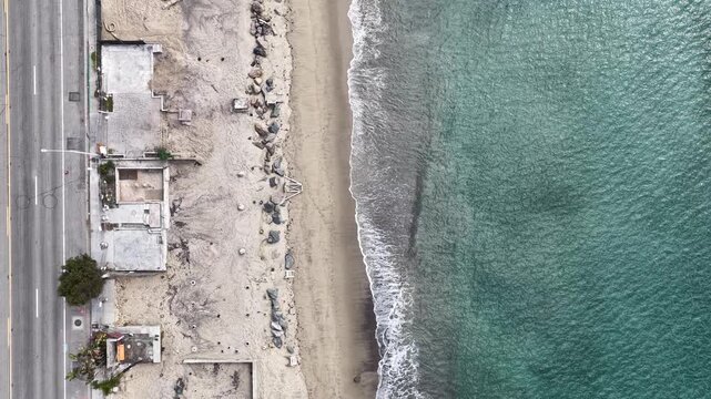 Aerial drone shot from above of the L.A. fires that burnt and damaged homes in Malibu Los Angeles, California.