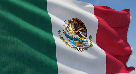 The mexican flag flutters proudly against a clear sky, its green, white, and red stripes, along with the iconic coat of arms, symbolizing hope, unity, and the blood of national heroes