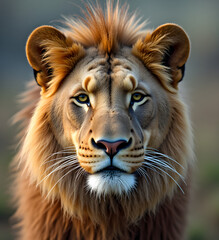 Naklejka premium Close-Up Portrait of Male Lion with Golden Mane and Piercing Eyes