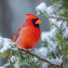 Northern Cardinal perched on snowy branch