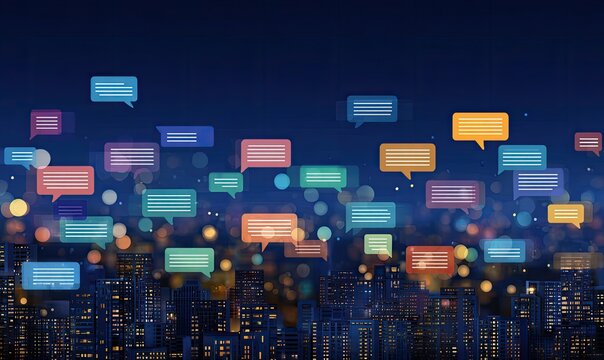 Colorful speech bubbles over a night city skyline