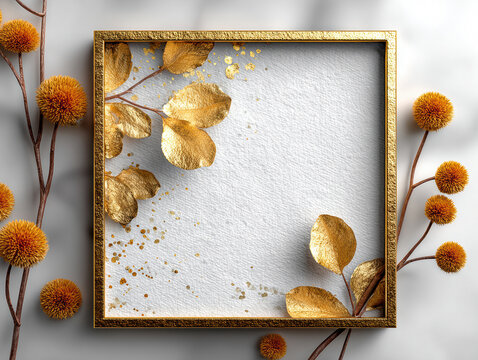 Gold-finished frame leans against a light gray backdrop, showcasing minimalistic artwork with embossedetched golden foil accents resembling autumn leaves or abstract patterns Scattere - AI-Generated - Powered by Adobe