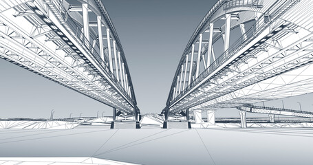 Wireframe rendering of an arched bridges structure over a river – 3D infrastructure model
