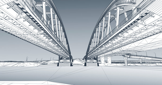 Wireframe rendering of an arched bridges structure over a river &ndash; 3D infrastructure model