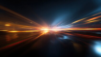 Abstract image of a vibrant city at night, with streaks of light radiating outwards