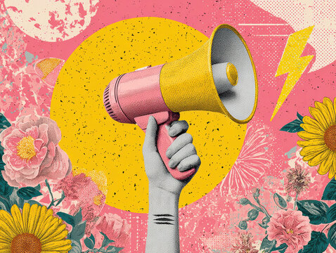 A vibrant pop art illustration features a tattooed hand holding a yellow-red megaphone, emitting white light Surrounding flowers include pink, peach, and sunflower blossoms against a y - AI-Generated - Powered by Adobe