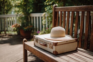 A vintage suitcase and straw hat resting on a wooden bench outdoors