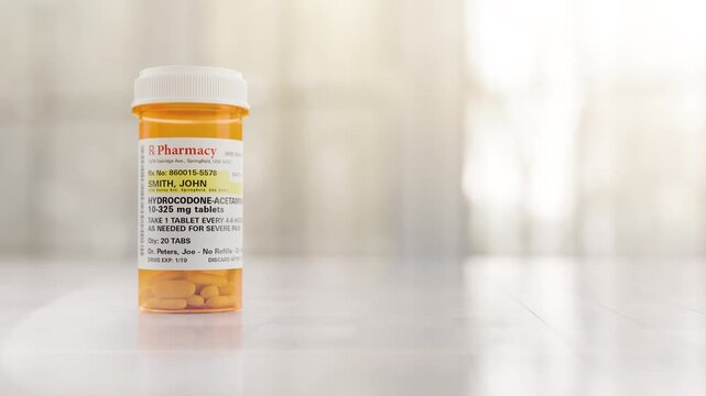 Slow Dolly Camera Movement Hydrocodone Prescription Medicine Bottle and Pills Resting on a Bathroom Countertop. The label is non-proprietary - fictional made specifically for the stock photo industry.