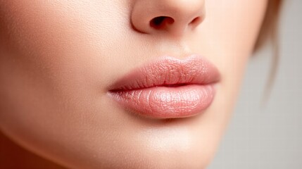 Obraz premium A close-up portrait highlights soft, rosy lips and a smooth complexion, showcasing beauty.