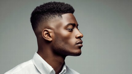 Obraz premium A handsome Black man with a stylish haircut poses in a studio portrait.