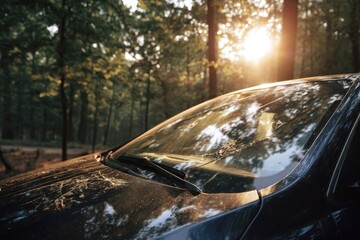 A car parked in a forest at sunset