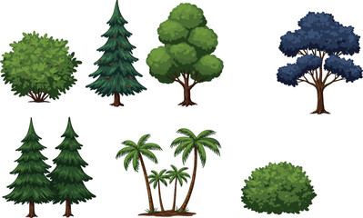 Collection of cartoon tropical palm trees, pine forest trees, leafy green bushes and nature plants, vector illustration eco landscape design