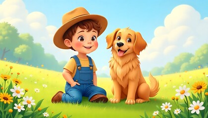 Adorable cartoon puppies play happily in a vibrant, sunny meadow filled with colorful flowers and fluttering butterflies