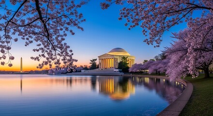 Fototapeta premium Washington DC Jefferson Memorial Cherry Blossoms Sunrise Reflection.