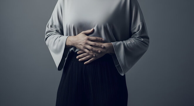 Ovarian and Cervical Cancer. Woman Touching on Lower Abdomen in Pain, Female Reproductive System, Uterus, Women's Health, PCOS and Gynecology