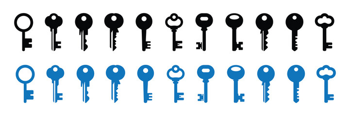 Collection of black and blue antique and modern keys isolated on white background