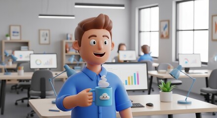 Smiling 3D cartoon man holding coffee mug in a modern office with charts on screens, concept for business presentation, company website and marketing material
