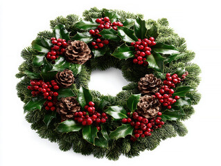 Close-up of a circular Christmas wreath, made from fir or pine branches with red berries and brown acorns Warmly lit with a neutral background Simple composition focused on the wreath - AI-Generated