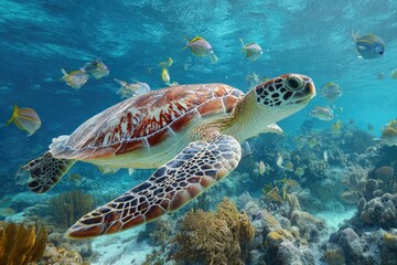Sea turtle swimming amidst coral reef