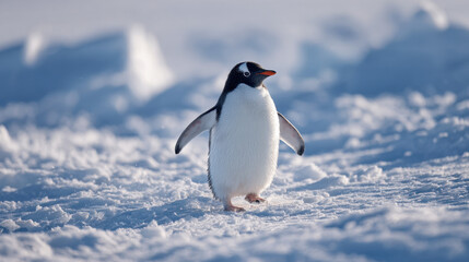 Naklejka premium Gentoo penguin walking on snow-covered landscape with beautiful lighting and blurred background emphasizing the cold environment and winter atmosphere