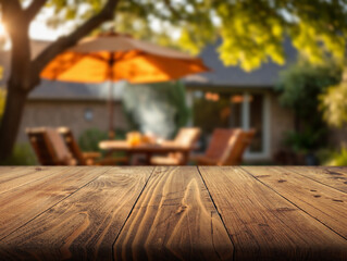 Outdoor patio scene with warm sunlight, inviting furniture, and an orange umbrella in a cozy backyard setting