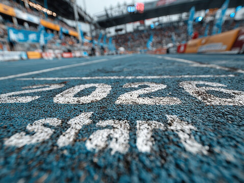 2026 New Year inscription at sports event starting line, 2026 START LINE marked on ground Blurred background spectators in stands at a competitive setting Natural or daylight-mimick - AI-Generated