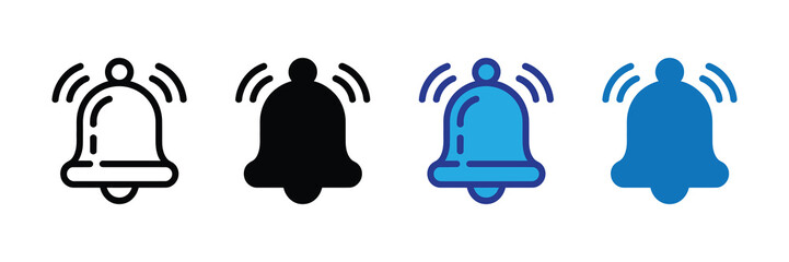 Collection of four bell icons in different styles outline, solid black, and two shades of blue, isolated on white background