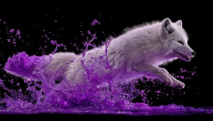 A white arctic fox leaps through a burst of purple paint