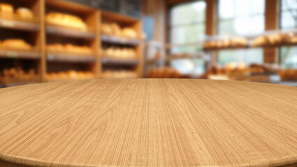 Wooden table in a bakery showcase filled with fresh breads and pastries in a cozy atmosphere