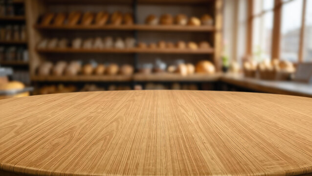 Rustic wooden table in artisan bakery showcasing fresh bread and warm ambiance