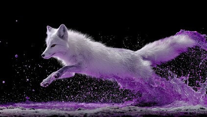 Arctic fox in mid-air, purple splash
