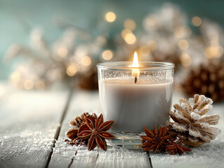 Warm, festive scene on wooden backdrop White candle with flickering flame shares space with pine cone and greenery Fairy lights twinkle in the background - AI-Generated