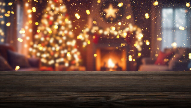 Cozy living room decorated for Christmas with a glowing tree and warm fireplace