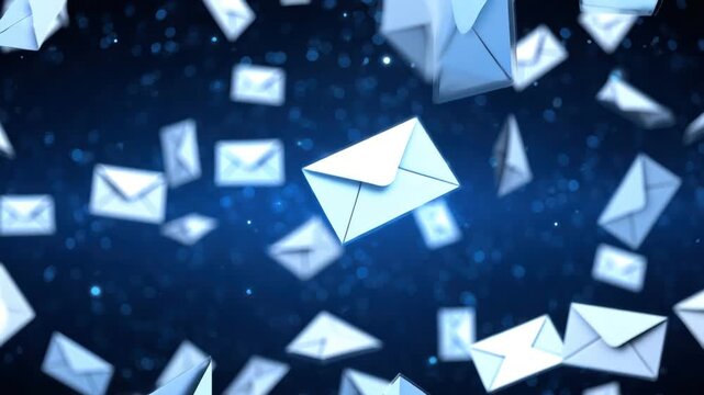 Many mail envelopes appear to float and move through a dark blue digital space, creating a captivating visual effect. Ideal for themes of communication and technology