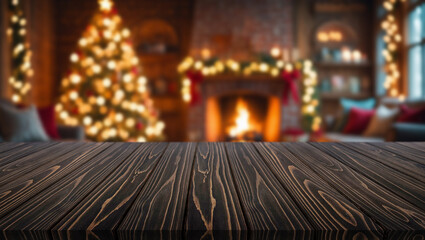 Warm fireplace and Christmas tree create a cozy atmosphere in a holiday living room with wooden...