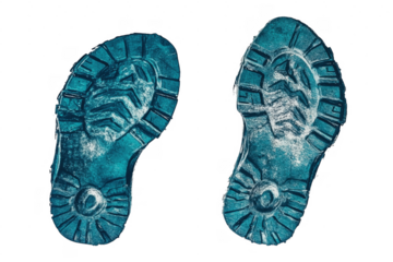 Two turquoise shoe sole imprints against transparent background textured detail isolated design