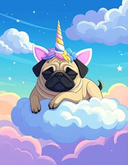Cute pug with unicorn horn and ears sleeping on a cloud