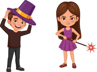 Cartoon boy wearing magician hat and girl holding magic wand with spark, happy children dressed as magicians playing together illustration