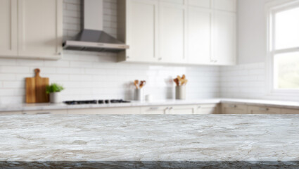 Modern kitchen interior with marble countertop and natural light illuminating the space