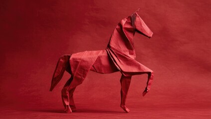 Red origami horse on red background