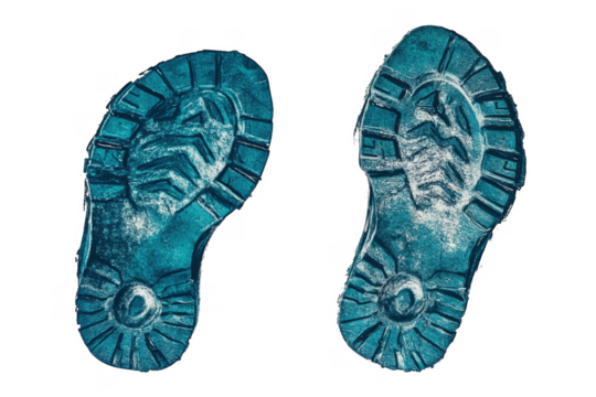 Two turquoise shoe sole imprints against transparent background textured detail isolated design