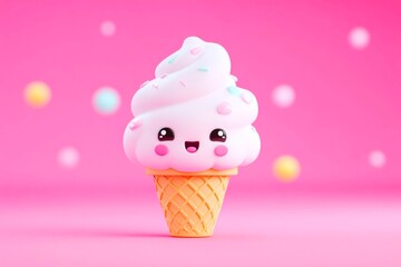 A cute and playful cartoon ice cream cone adorned with colorful sprinkles and a cheerful happy face perfect for sweet treats and summer fun