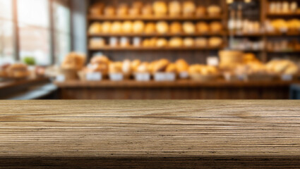 Rustic wooden counter in a bakery showcasing freshly baked bread in the background during daylight hours