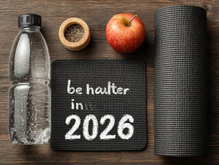 Image showcases a health-focused New Year scene for 2026, featuring a be healthier mat, water bottle, apple, grains or seeds, resistance band, and wooden surface Bright lighting soften - AI-Generated