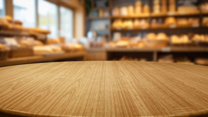 Natural wood table in a cozy bakery filled with fresh baked goods and warm light