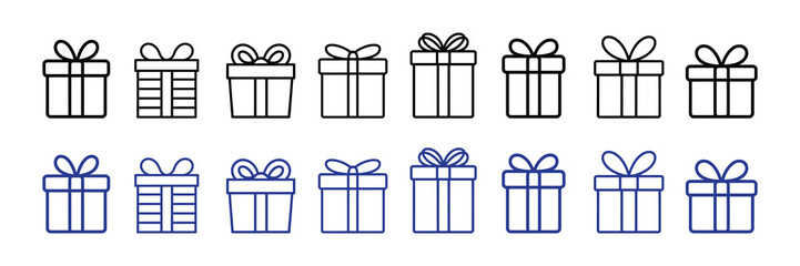 Collection of gift box icons with bows, presented in two rows, one black and white outline, the other in blue outline, isolated on white background