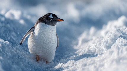 Fototapeta premium Gentoo penguin walking on snow-covered ground in a cold winter landscape with soft light reflecting on the icy surface and gentle snowflakes falling around.